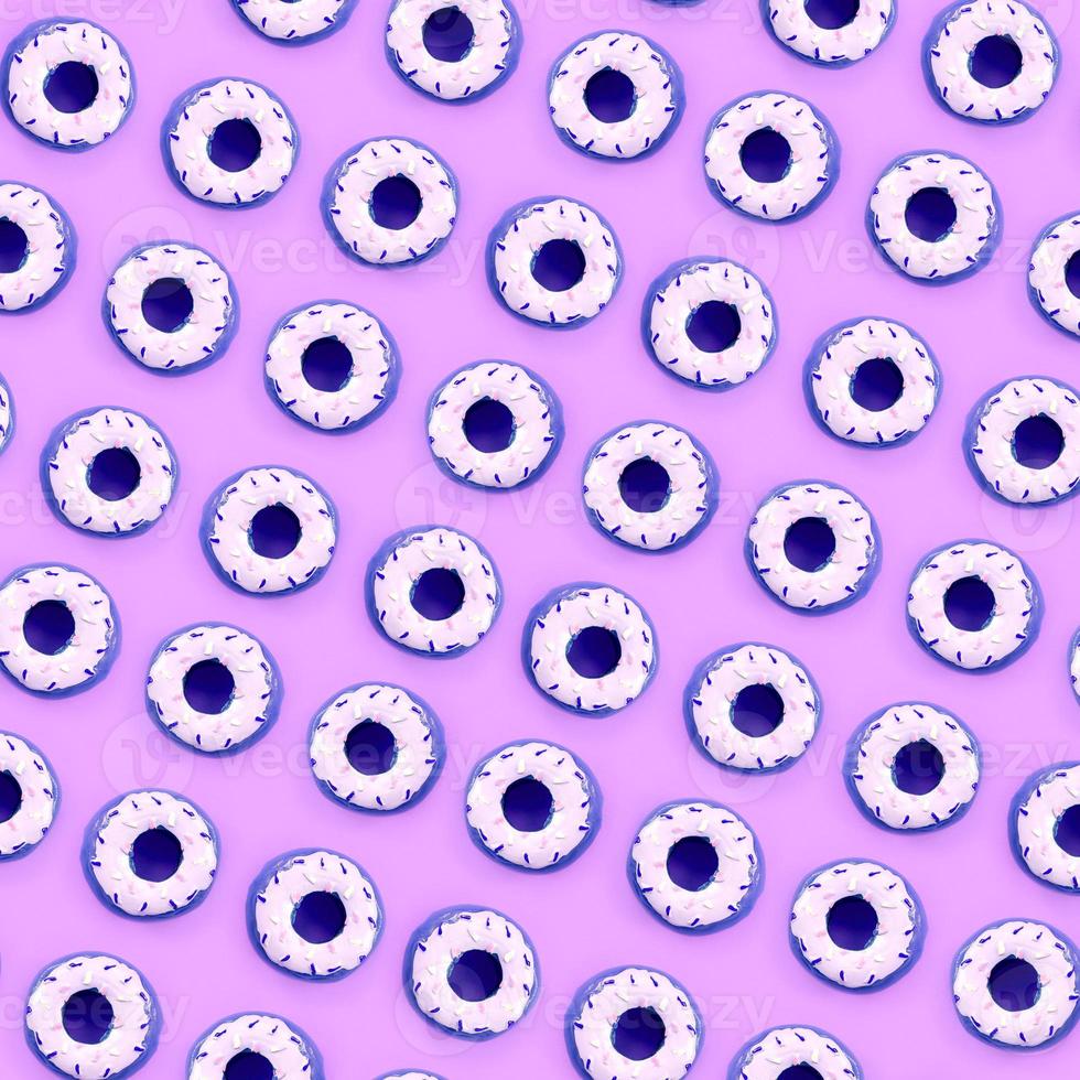 Many small plastic donuts lies on a pastel colorful background. Flat lay minimal pattern. Top view photo