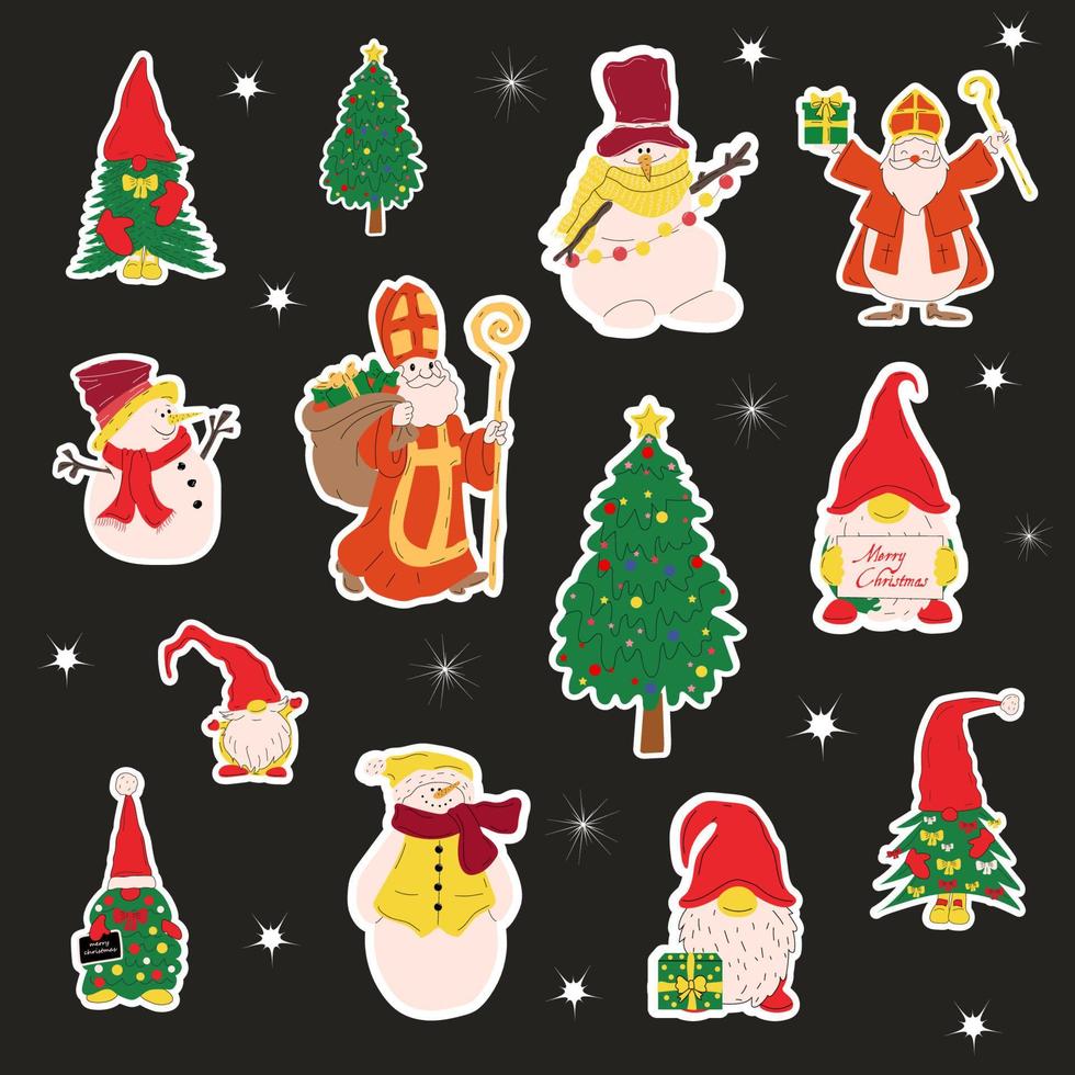 Set of Christmas stickers. Saint Nicholas, snowmen, gnomes, Christmas trees. Vector