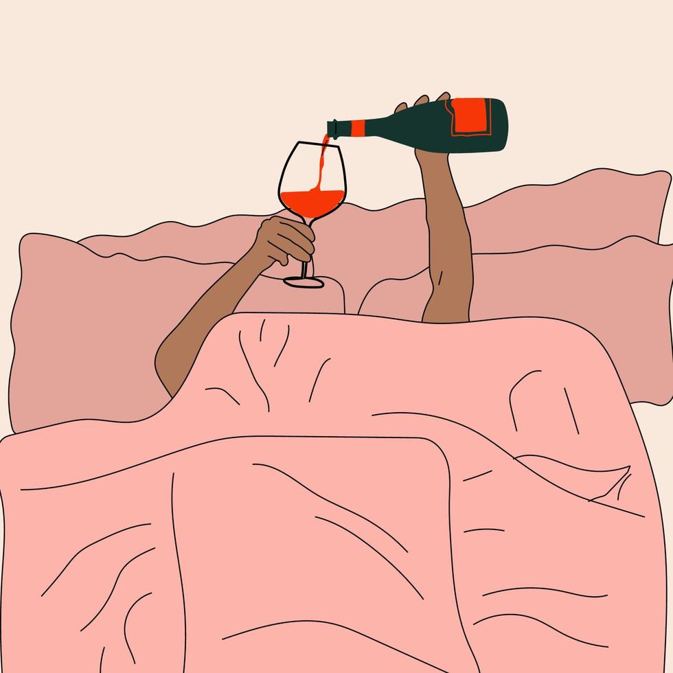 Hands pouring wine into a glass in bed. Vector