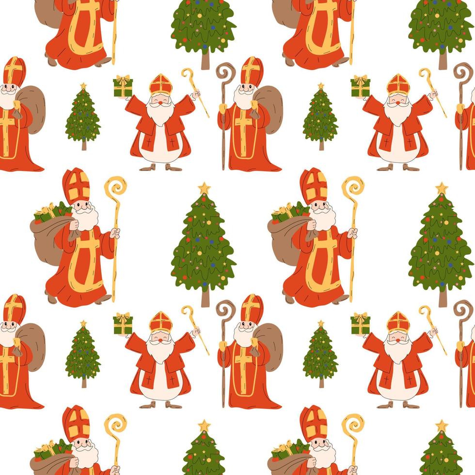 Seamless pattern with Saint Nicholas christmas characters vector set. Saint Nicholas christmas characters with standing pose and happy expression holding gifts .Vector illustration