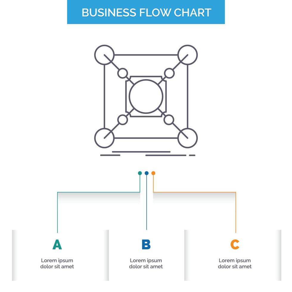 base. centro. conexión. datos. diseño de diagrama de flujo de negocio central con 3 pasos. icono de línea para el lugar de plantilla de fondo de presentación para texto vector