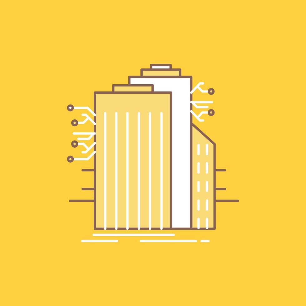 Building. Technology. Smart City. Connected. internet Flat Line Filled Icon. Beautiful Logo button over yellow background for UI and UX. website or mobile application vector