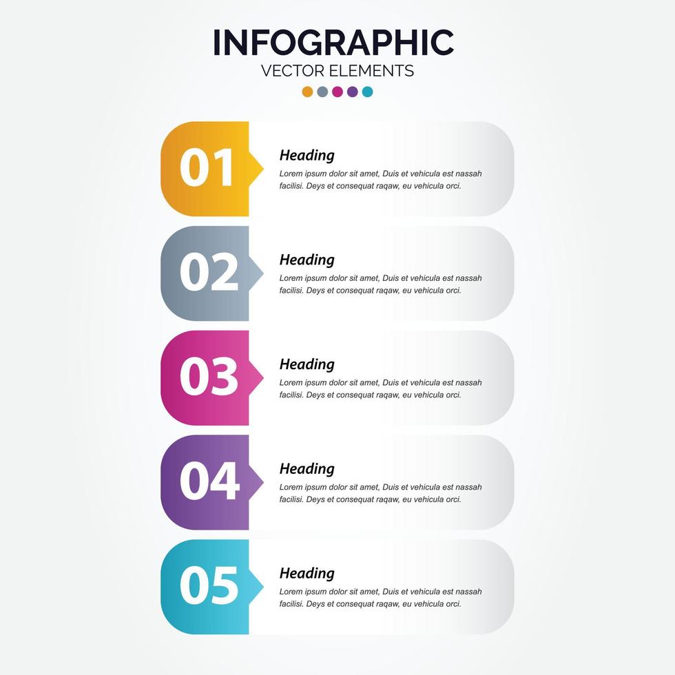 infografía vertical marketing comercial diseño vectorial plantilla colorida carpeta 5 opciones o pasos en estilo minimalista vector