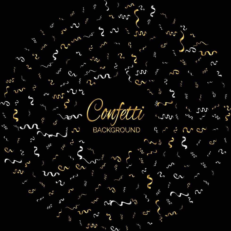 Golden Confetti And Streamer Ribbon Falling On Black Background. Vector