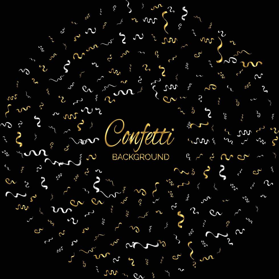 confeti dorado y cinta de serpentina cayendo sobre fondo negro. vector