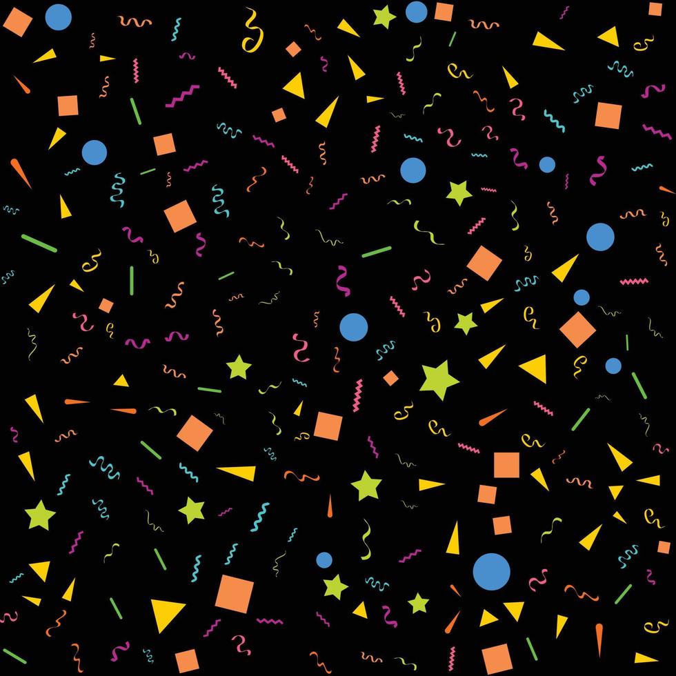 confeti de colores. ilustración festiva vectorial de la caída de confeti brillante aislado sobre fondo negro negro. elemento de oropel decorativo de vacaciones para el diseño vector