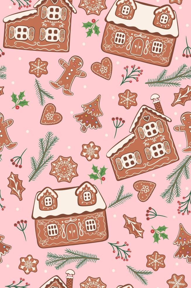 Seamless pattern with gingerbread cookies and winter flora on a pink background. Vector graphics.