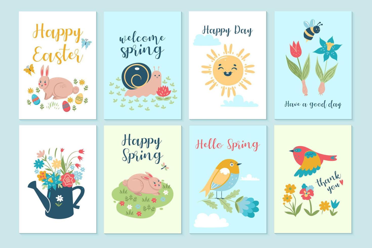Set of cute spring cards. Vector graphics.