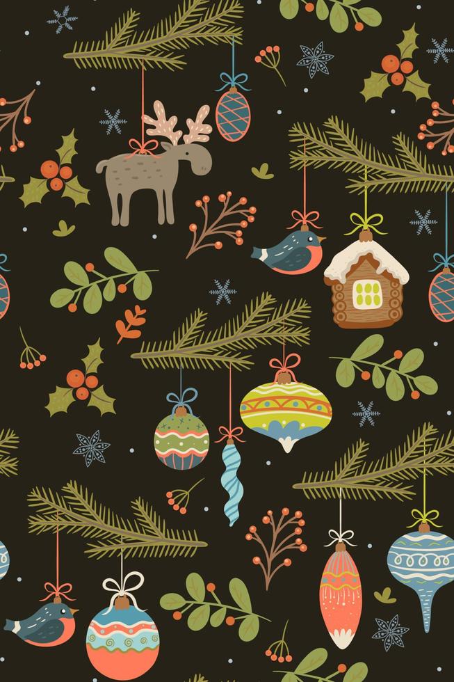 Seamless pattern with Christmas toys and twigs. Vector graphics.