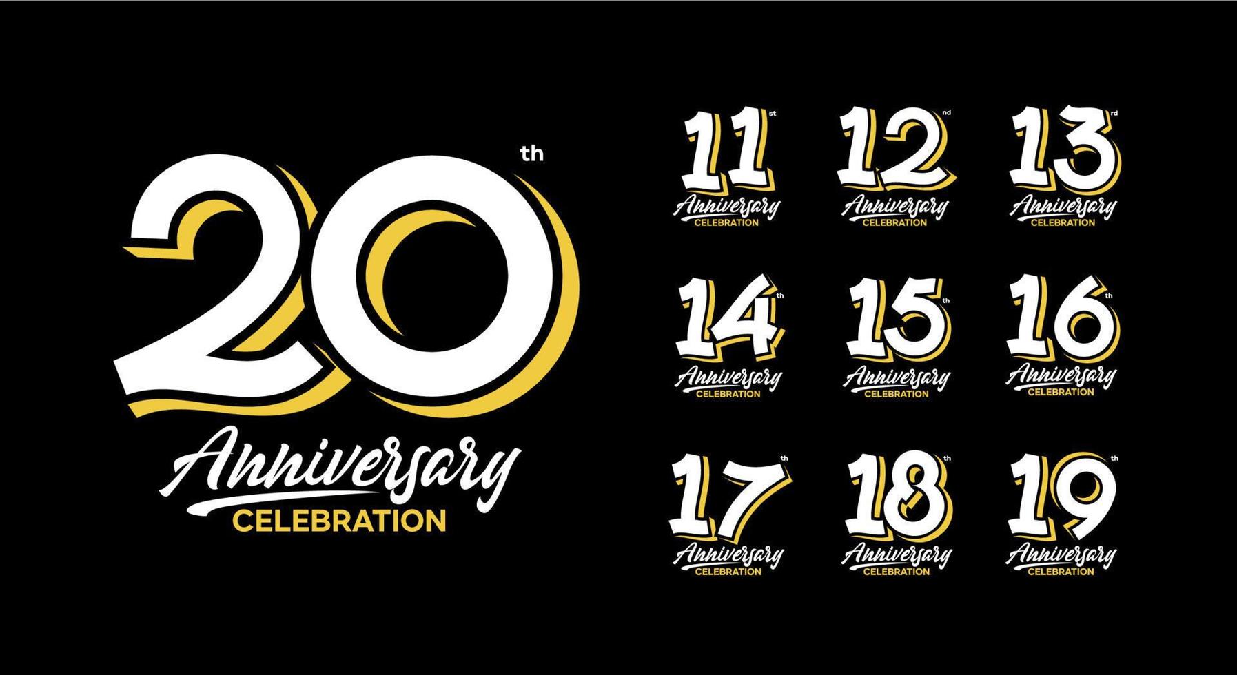 conjunto de logotipos de aniversario 11, 12, 13, 14, 15, 16, 17, 18, 19, 20 vector