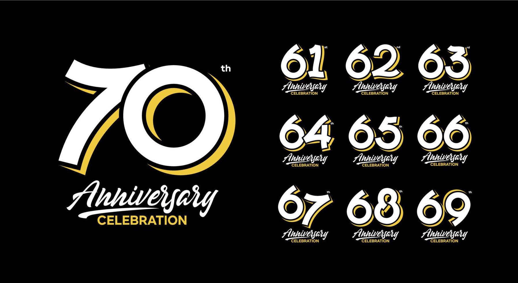 anniversary logotype set 61, 62, 63, 64, 65, 66, 67, 68, 69, 70 vector