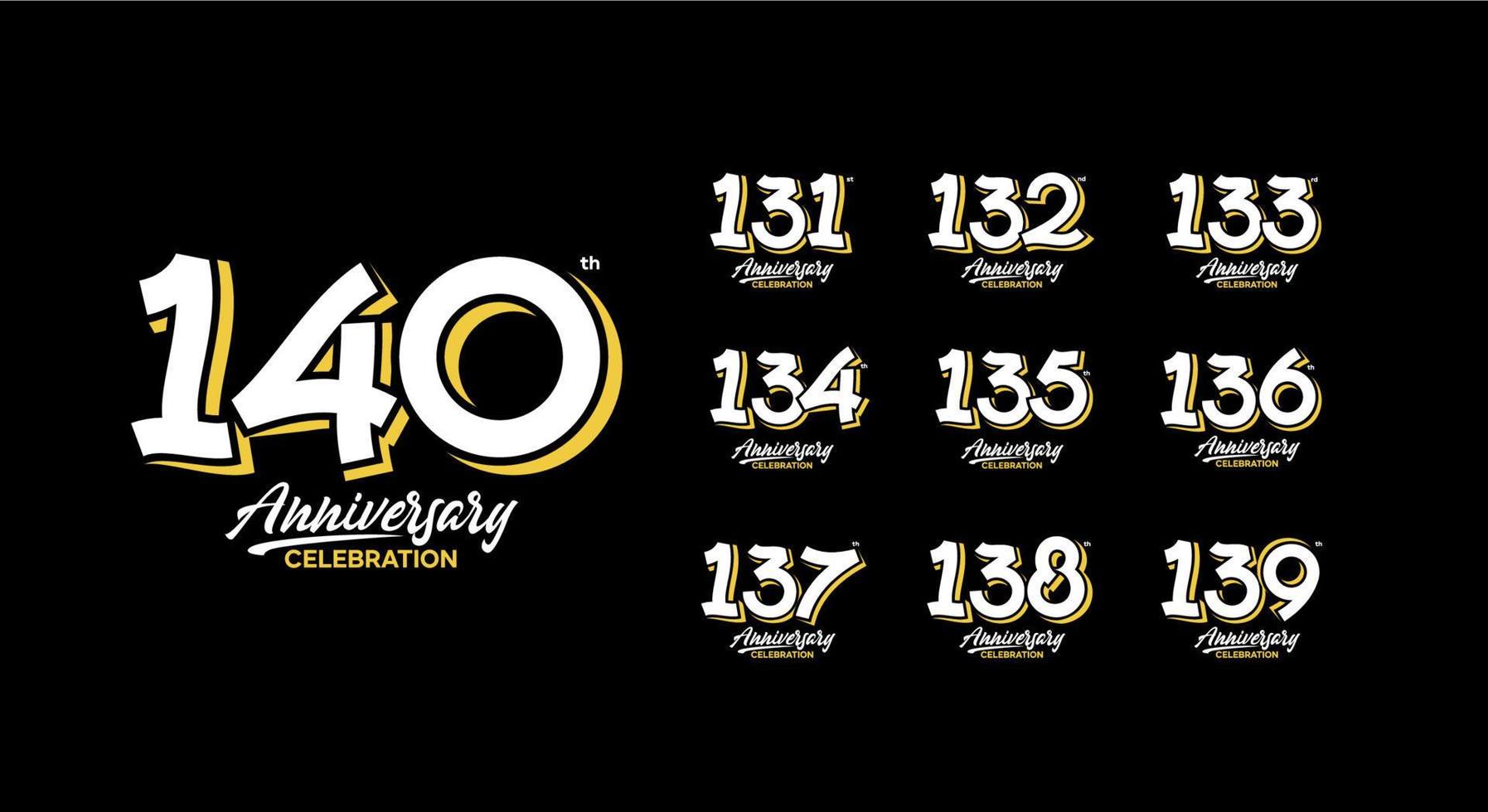 anniversary logotype set 131, 132, 133, 134, 135, 136, 137, 138, 139, 140 vector