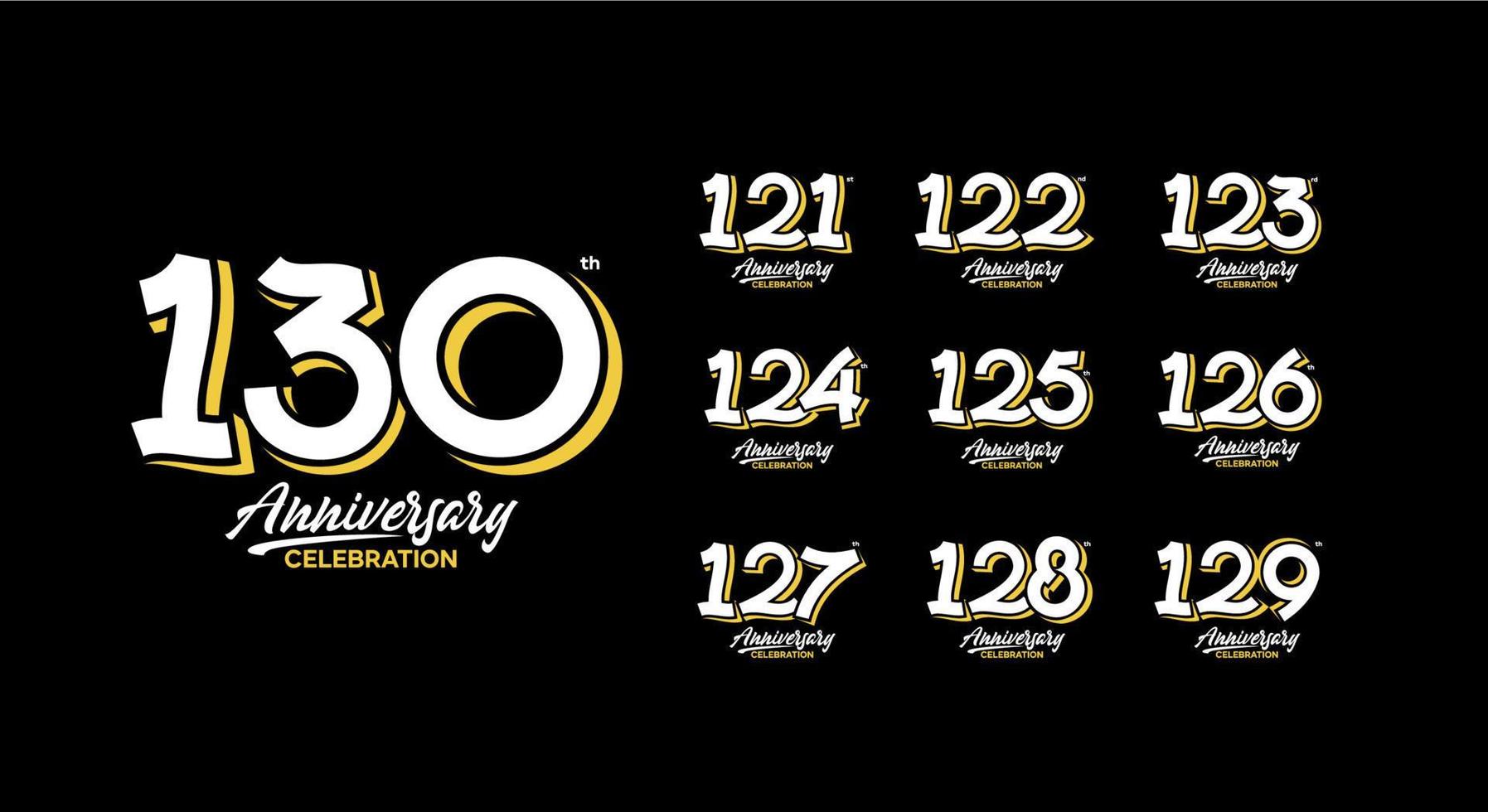 anniversary logotype set 121, 122, 123, 124, 125, 126, 127, 128, 129, 130 vector