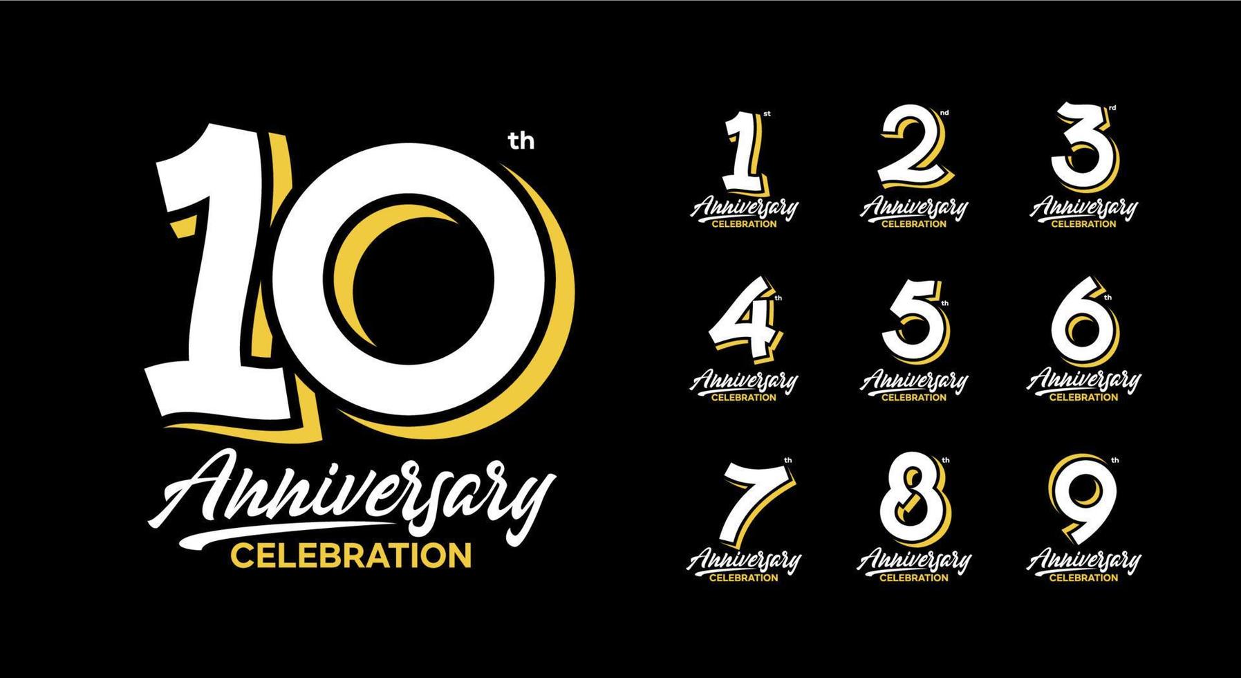 conjunto de logotipos de aniversario 1, 2, 3, 4, 5, 6, 7, 8, 9, 10 vector