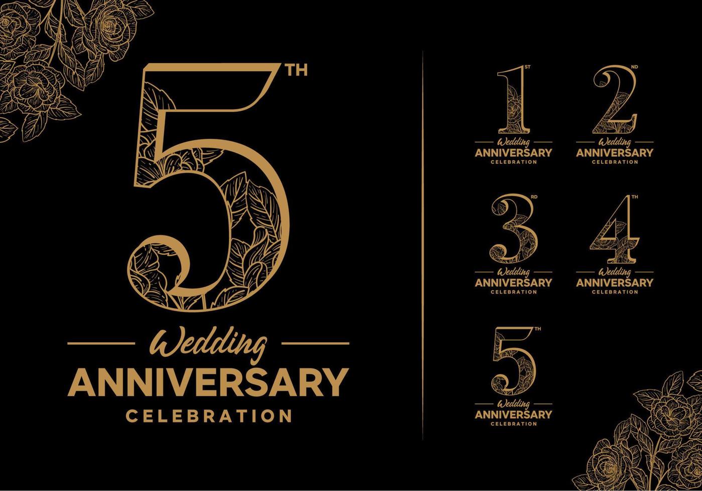 logotipo de aniversario con elemento floral 1, 2, 3, 4, 5 vector