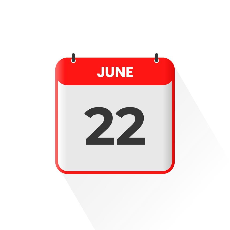 22nd June calendar icon. June 22 calendar Date Month icon vector illustrator