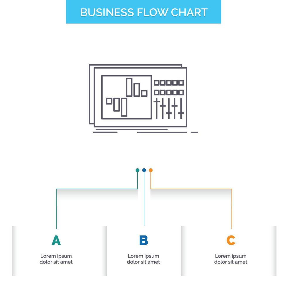 control. igualada. igualdad. sonido. diseño de diagrama de flujo de negocios de estudio con 3 pasos. icono de línea para el lugar de plantilla de fondo de presentación para texto vector