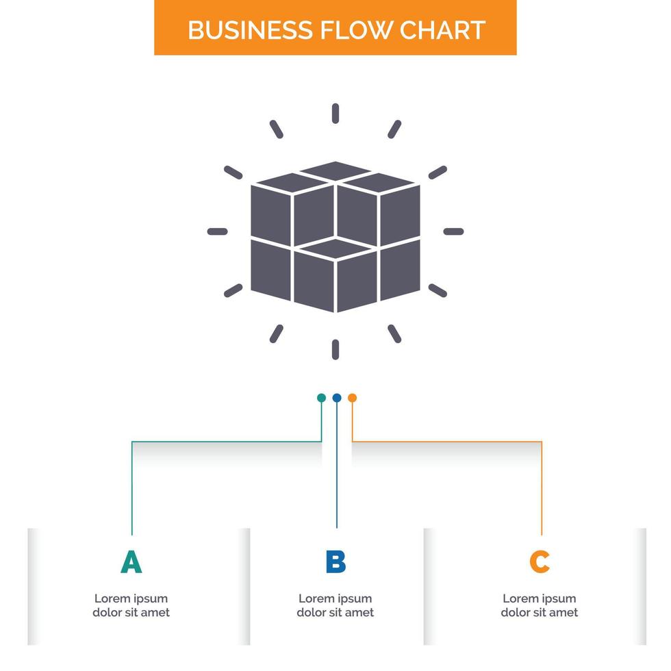 caja. laberinto. rompecabezas. solución. diseño de diagrama de flujo de negocio de cubo con 3 pasos. icono de glifo para el lugar de plantilla de fondo de presentación para texto. vector