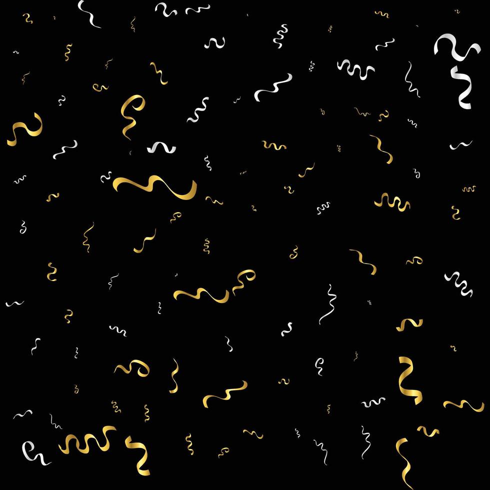 Golden Confetti And Streamer Ribbon Falling On Black Background. Vector