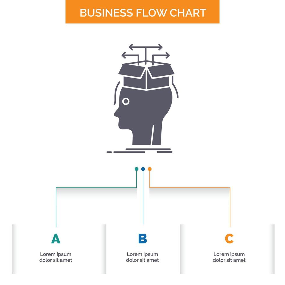 datos. extracción. cabeza. conocimiento. compartir diseño de diagrama de flujo de negocios con 3 pasos. icono de glifo para el lugar de plantilla de fondo de presentación para texto. vector