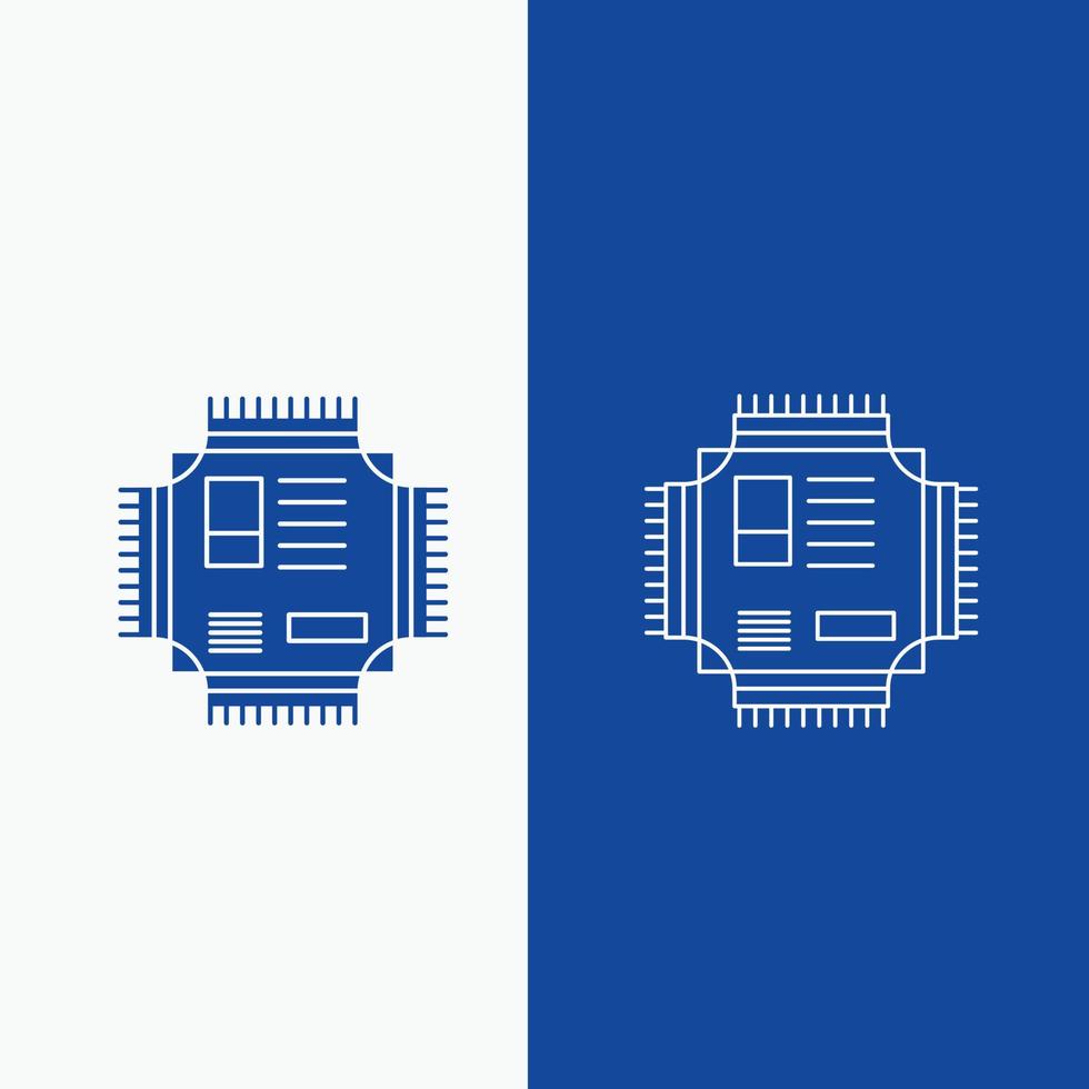 chip. UPC. pastilla. procesador. línea de tecnología y botón web de glifo en banner vertical de color azul para ui y ux. sitio web o aplicación móvil vector