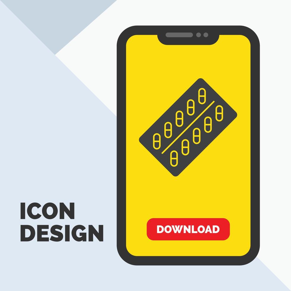 medicine. Pill. drugs. tablet. packet Glyph Icon in Mobile for Download Page. Yellow Background vector