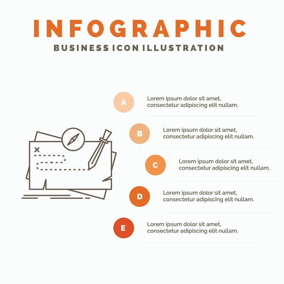 juego. mapa. misión. búsqueda. plantilla de infografía de rol para sitio web y presentación. icono de línea gris con ilustración de vector de estilo infográfico naranja