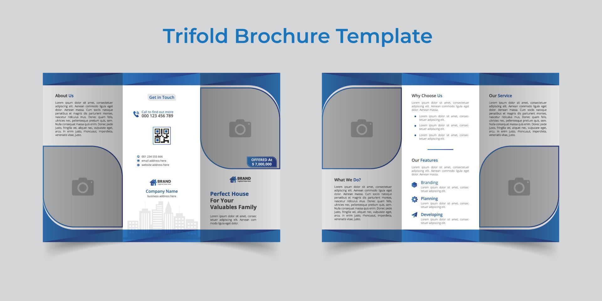 Real estate Trifold Brochure Design Template. Design Template Geometric shape used for business Trifold Brochure layout. Real estate Brochure, Business Brochure, A4 with Bleed, Print Ready vector