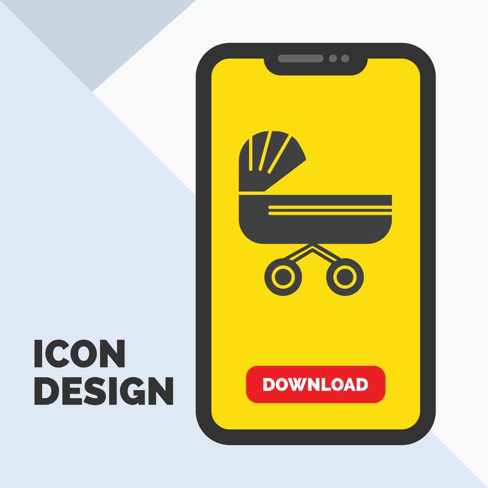 trolly. baby. kids. push. stroller Glyph Icon in Mobile for Download Page. Yellow Background vector