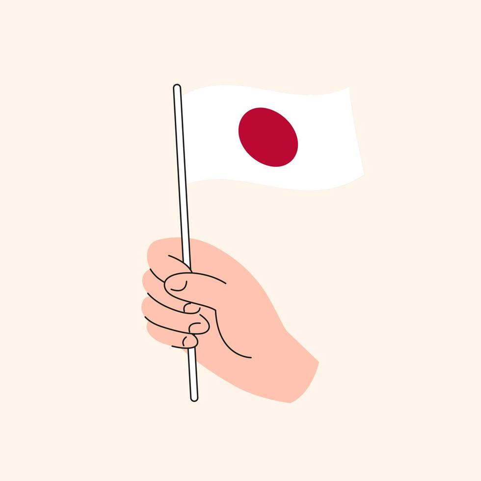 caricatura, mano, tenencia, japonés, flag. bandera de japón, ilustración conceptual, vector aislado de diseño plano.