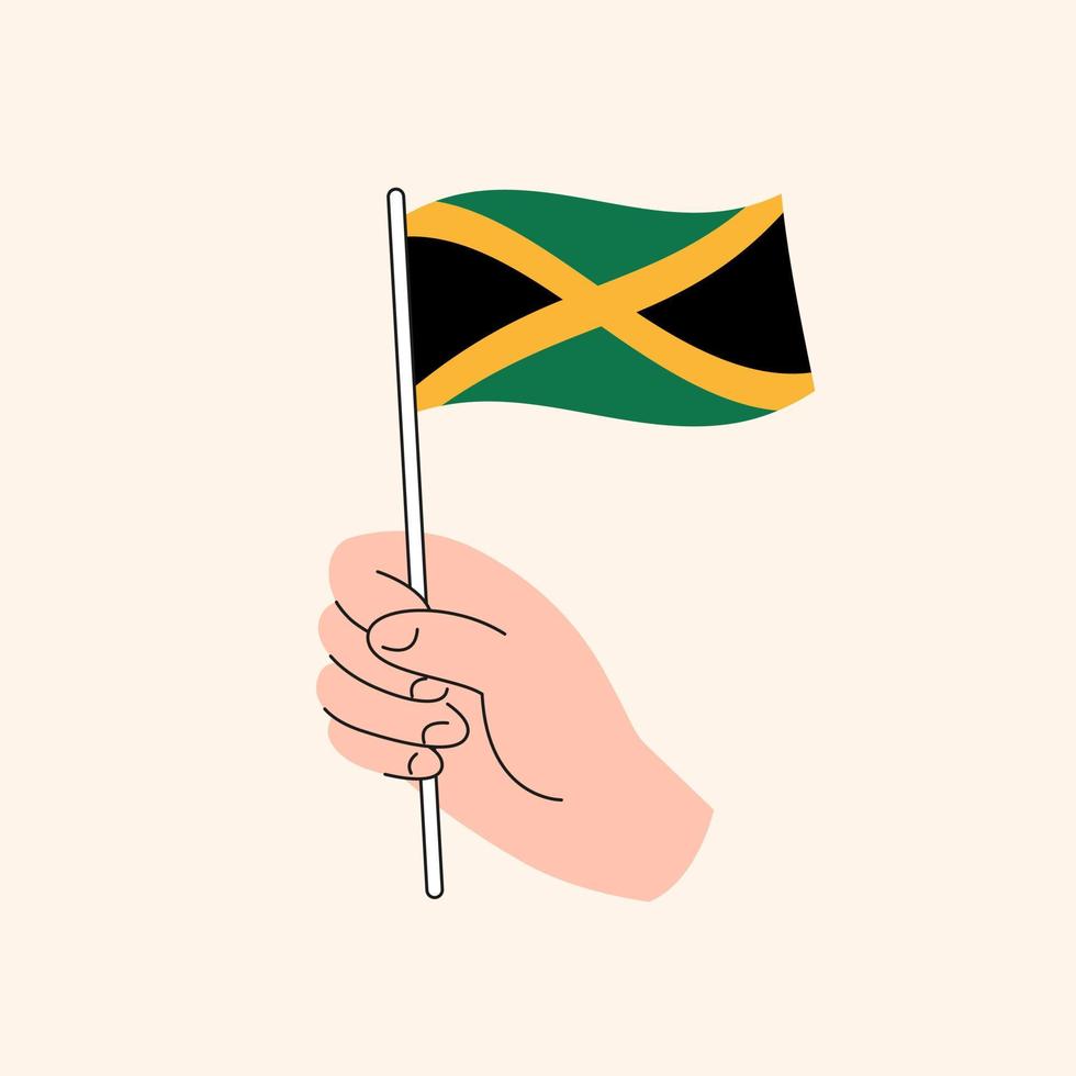 mano de dibujos animados sosteniendo la bandera jamaicana. bandera de jamaica, ilustración conceptual, vector aislado de diseño plano.