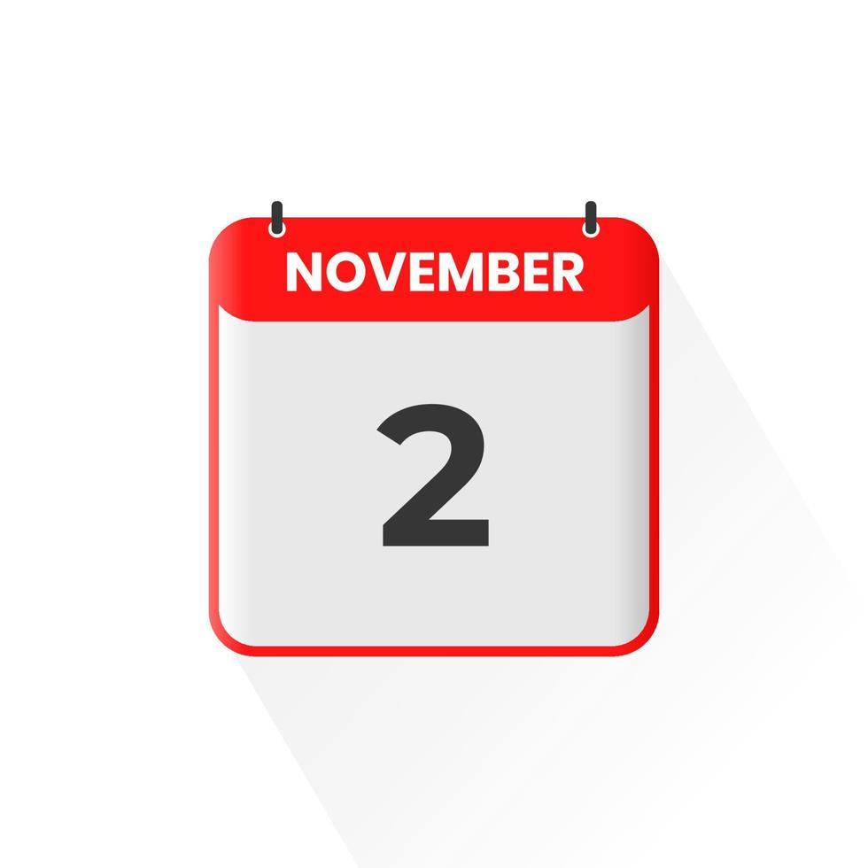 2nd November calendar icon. November 2 calendar Date Month icon vector illustrator