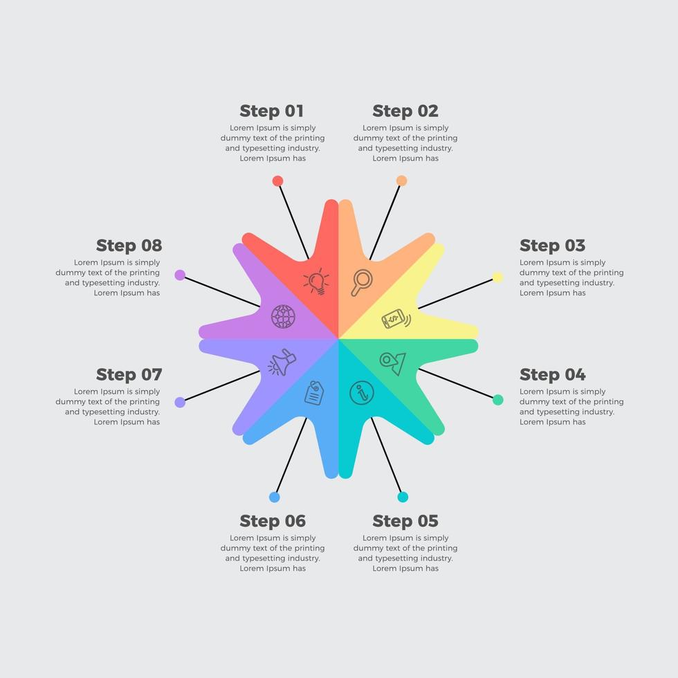 proceso infográfico empresarial con diseño de plantilla colorido con iconos y 8 opciones o pasos, plantilla de diseño infográfico vector