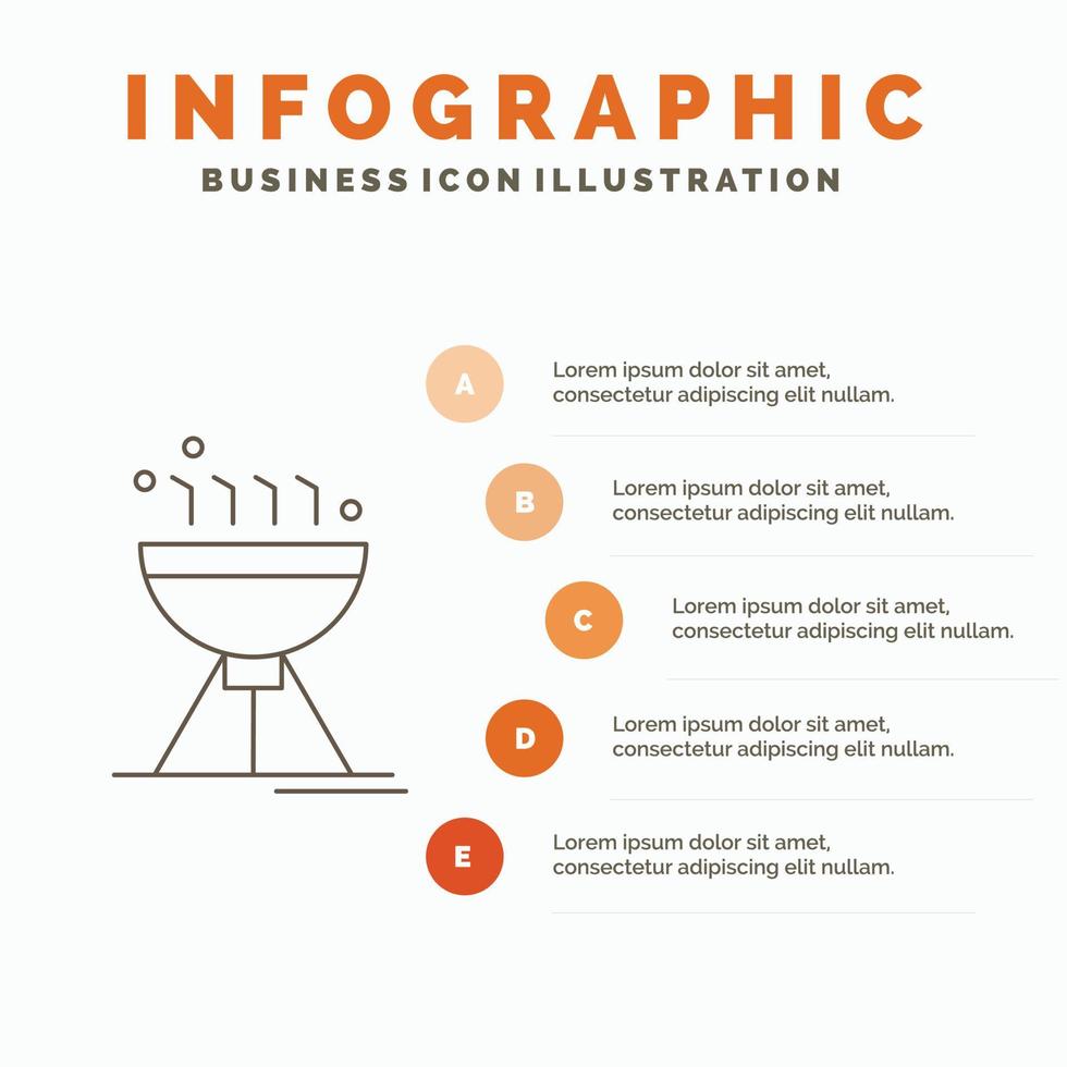 cocinar barbacoa. cámping. alimento. plantilla de infografía de parrilla para sitio web y presentación. icono de línea gris con ilustración de vector de estilo infográfico naranja