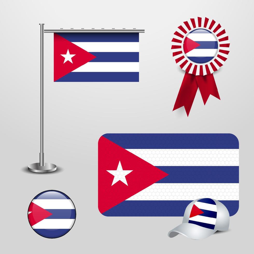 Cuba Country Flag haning on pole. Ribbon Badge Banner. sports Hat and Round Button vector