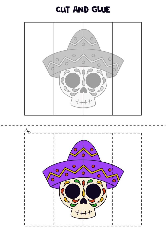 Cut and glue game for kids. Mexican skull in hat. vector