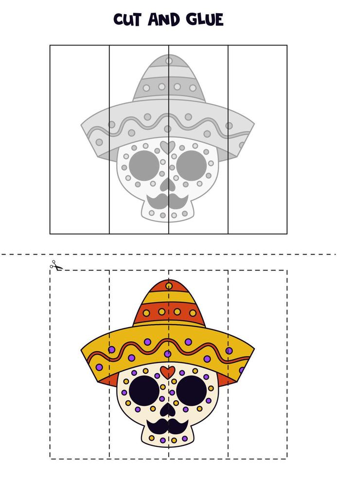 Cut and glue game for kids. Mexican skull in hat. vector