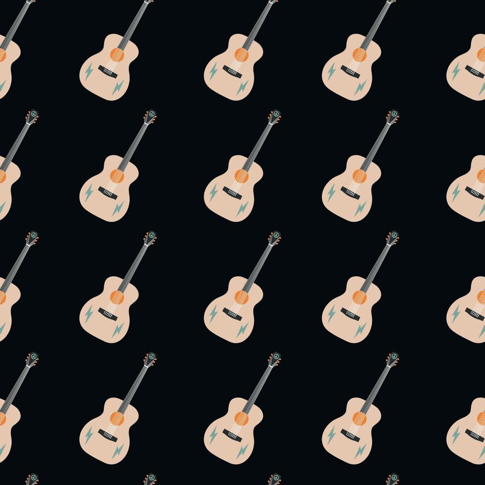 Vector flat hand drawn seamless pattern with guitar. Flat vector hippy boho illustration.