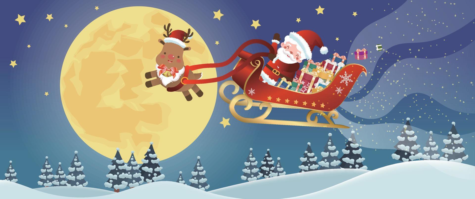 santa claus conduciendo un trineo tirado por alces y lleno de regalos a la luz de la luna vector