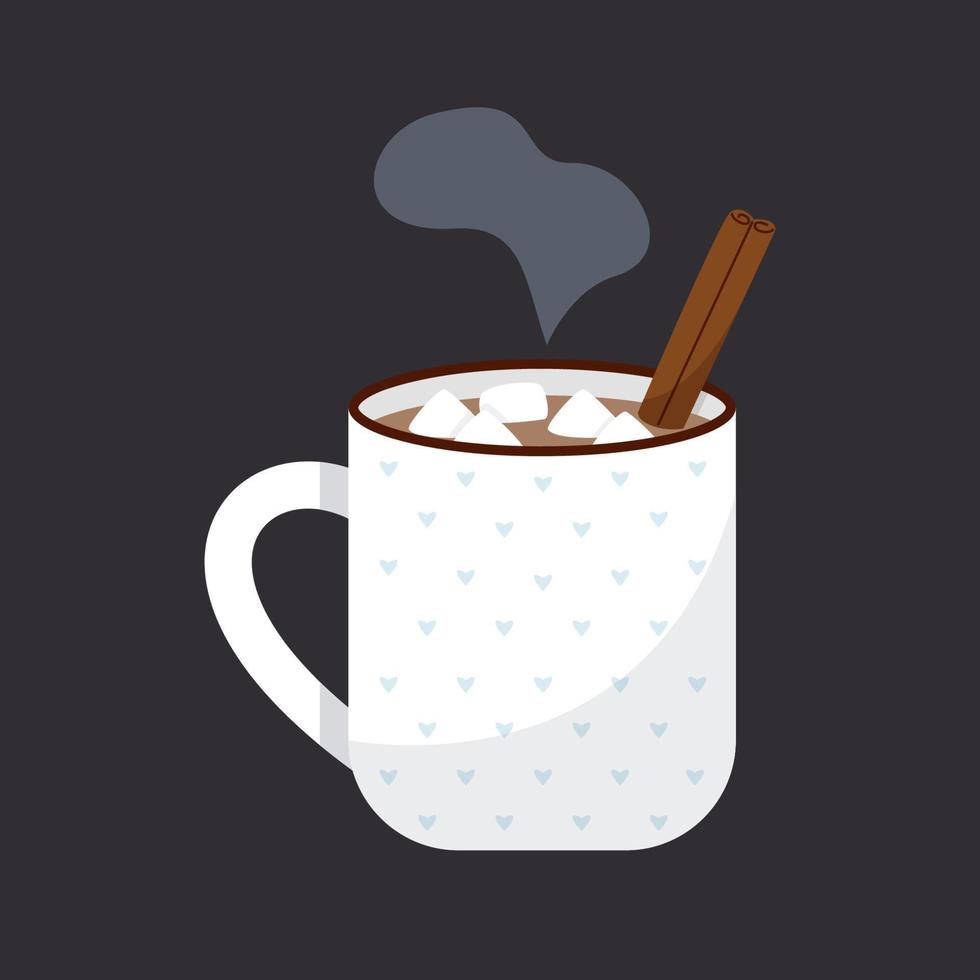 A cup of cocoa with marshmallows and a cinnamon. Mug with hearts. Hot chocolate. vector