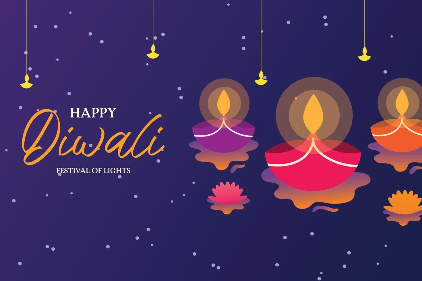 Happy Diwali festival horizontal background with oil lamps and flowers, vector illustration flat design