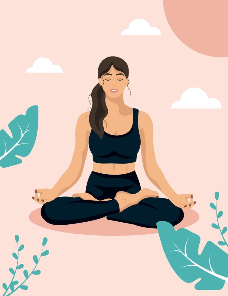 linda mujer delgada sentada en una pose de loto de yoga, haciendo ejercicio en un ambiente hermoso vector