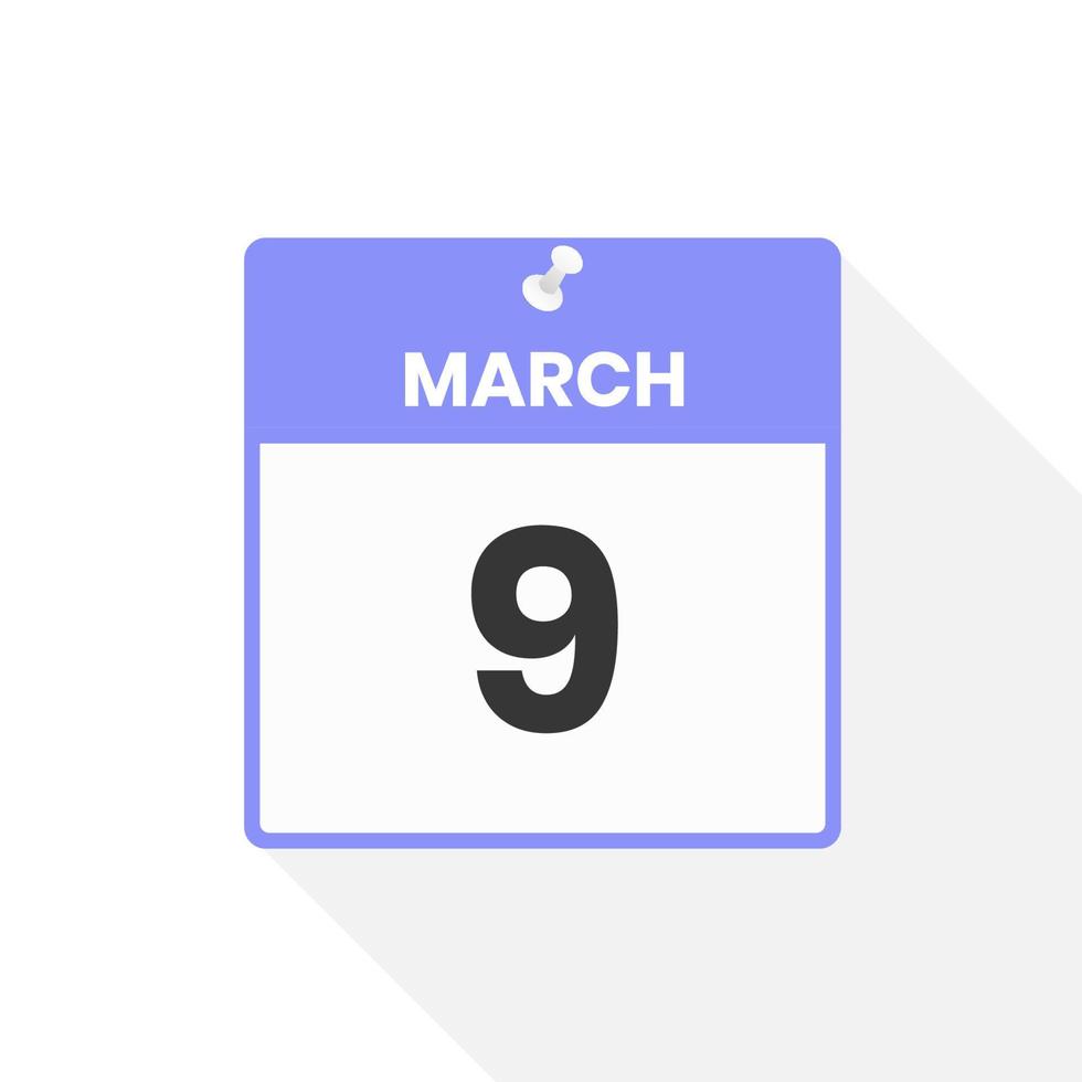 March 9 calendar icon. Date, Month calendar icon vector illustration