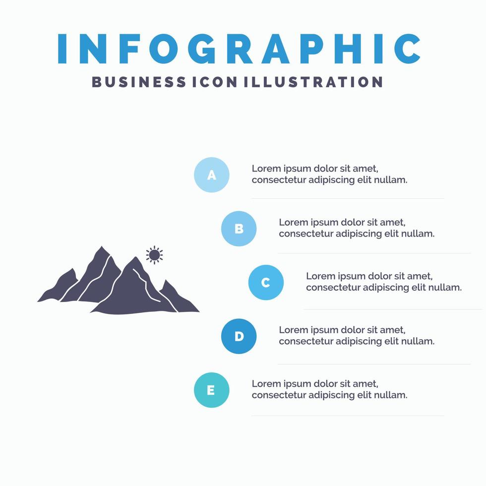 montaña. paisaje. Cerro. naturaleza. plantilla de infografía solar para sitio web y presentación. icono de glifo gris con ilustración de vector de estilo infográfico azul.