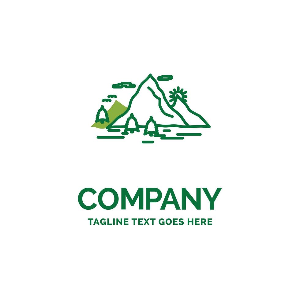 Nature. hill. landscape. mountain. scene Flat Business Logo template. Creative Green Brand Name Design. vector
