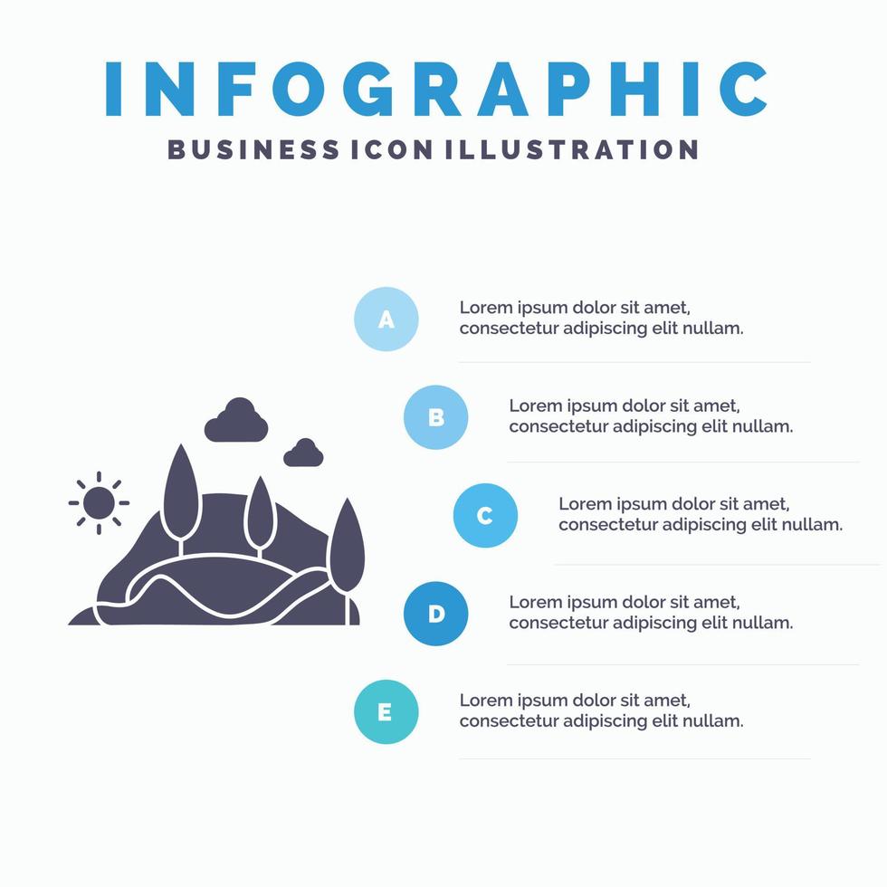 Cerro. paisaje. naturaleza. montaña. plantilla de infografía de árbol para sitio web y presentación. icono de glifo gris con ilustración de vector de estilo infográfico azul.