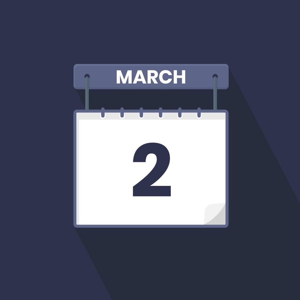 2nd March calendar icon. March 2 calendar Date Month icon vector illustrator