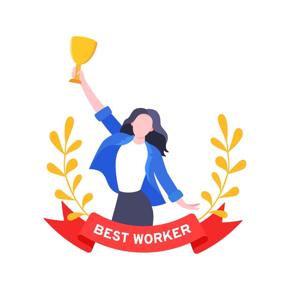 Best worker employee winner with trophy cup inside award ribbon and floral wreath flat style design vector illustration.