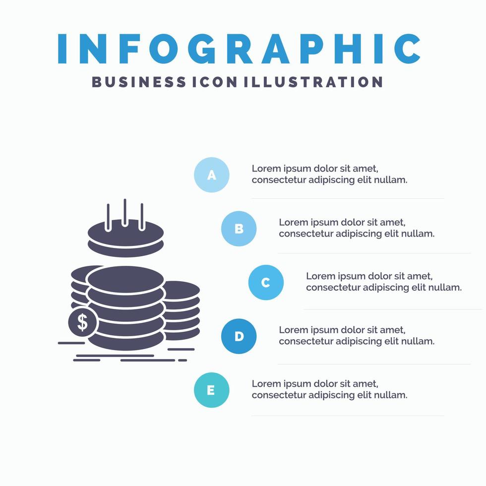 monedas Finanzas. oro. ingreso. plantilla de infografías de ahorro para sitio web y presentación. icono de glifo gris con ilustración de vector de estilo infográfico azul.