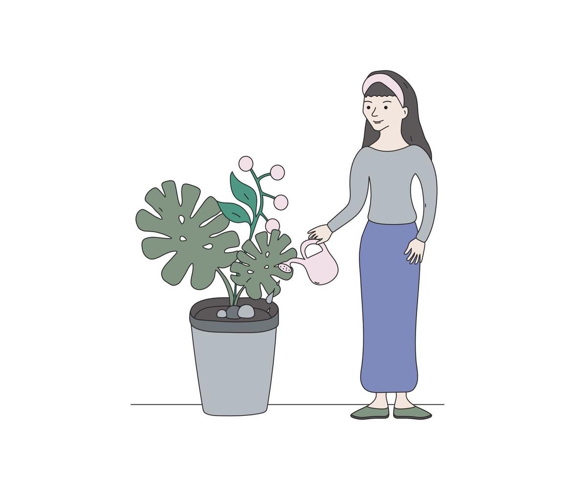 a girl waters a houseplant vector